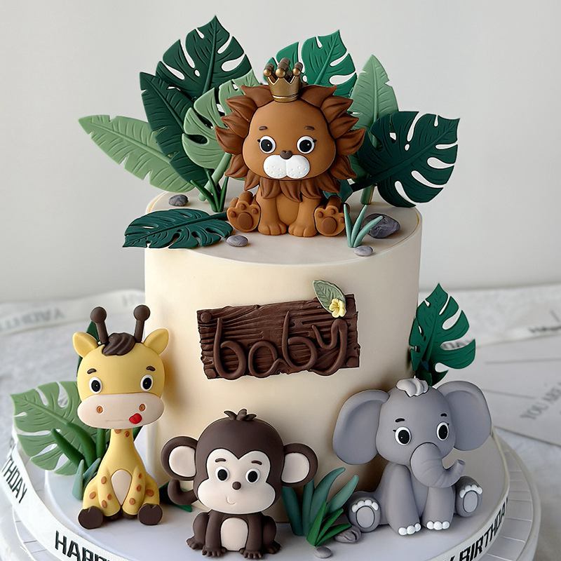 Resin Art Baby - ジャングルサファリ動物人形ケーキデコレーションライオン象マネーキリン誕生日ケーキトッパーベビーシャワー誕生日パーティーケーキデコレーション