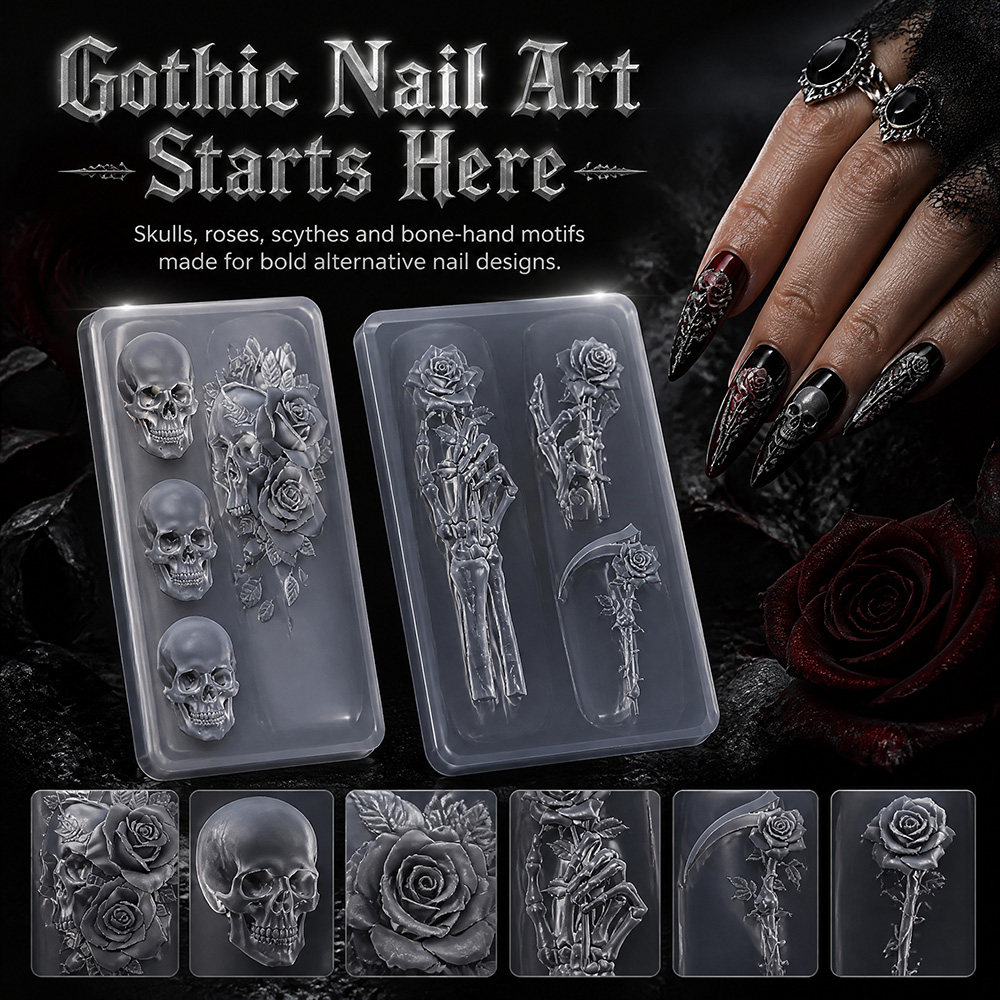 Resin Art Templates Free - 2個セット ダークローズスカル シリコンネイルアートモールド ゴシック3D彫刻テンプレート レジンネイルチャーム ヴィンテージフローラルスケルトンデコレーション