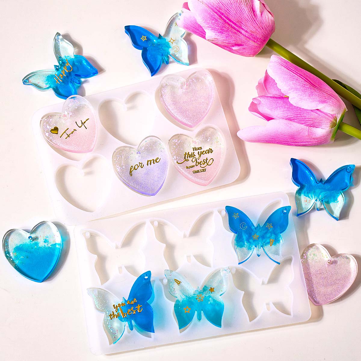 Resin Art Letters - 6穴付きイヤリングシリコンモールドDIYハート蝶形エポキシ樹脂モールドペンダントキーホルダージュエリークラフト製作
