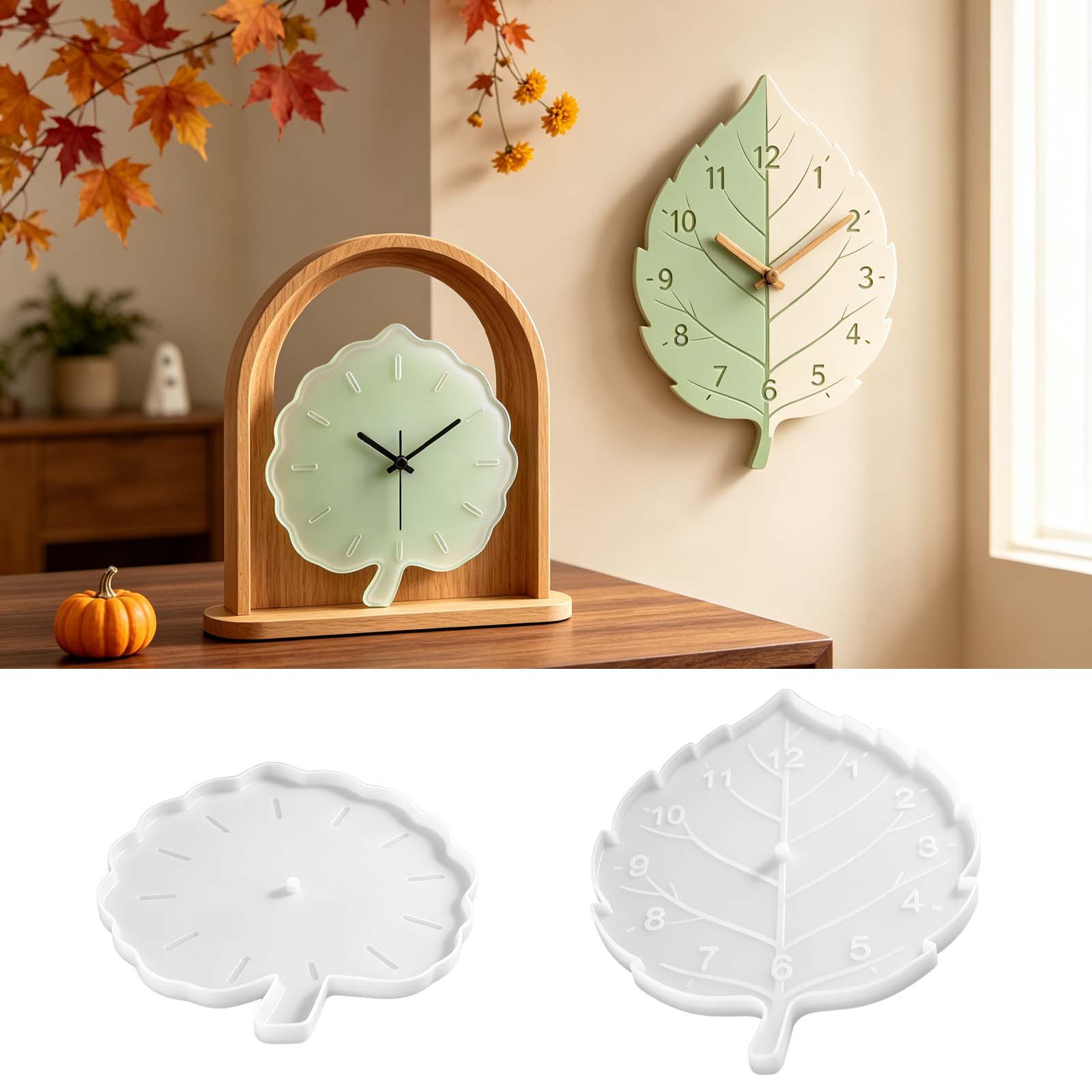 Resin Art Clock - 時計シリコンモールド 葉脈テクスチャ エポキシ樹脂鋳造モールド DIY壁掛け時計、秋の家の装飾、感謝祭の手作りギフト用