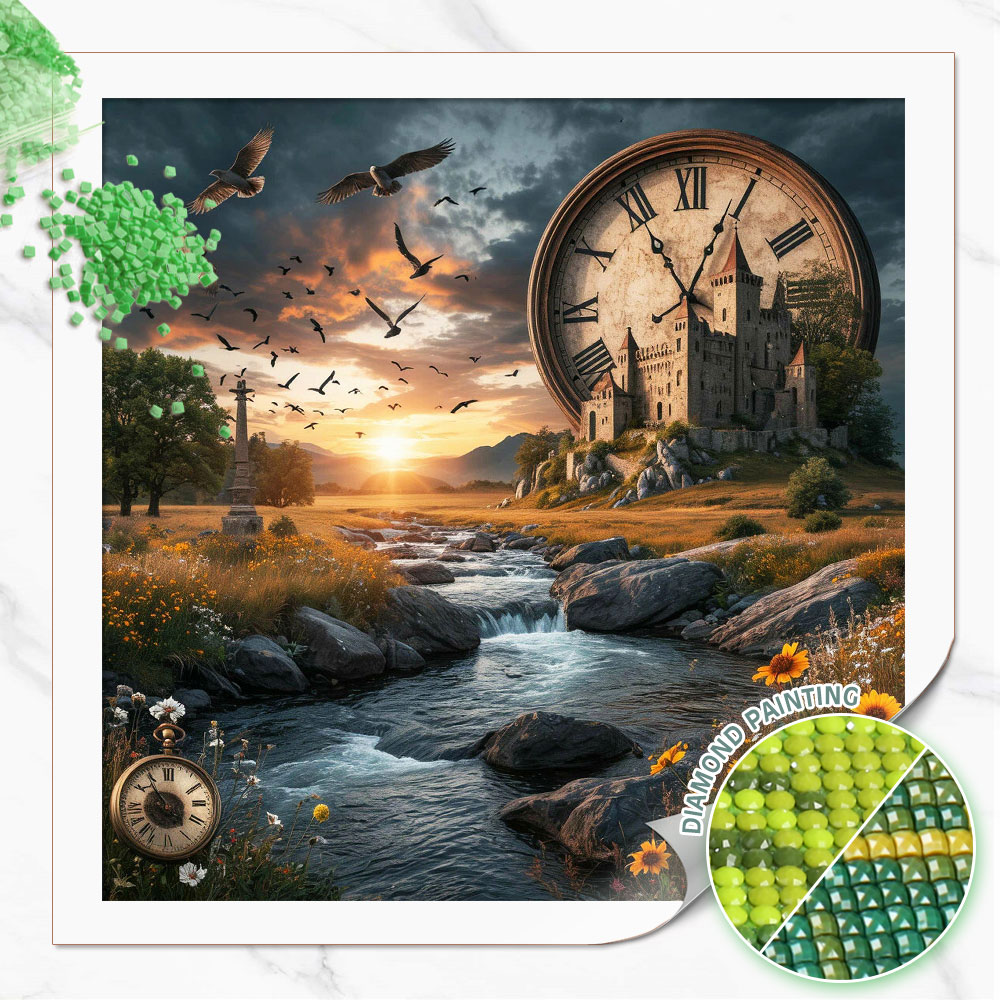 Resin Art Clock - Huacanダイヤモンドペインティング「荒野の城と巨大時計」ダイヤモンド刺繍風景画コンプリートキット ホームデコレーションアート
