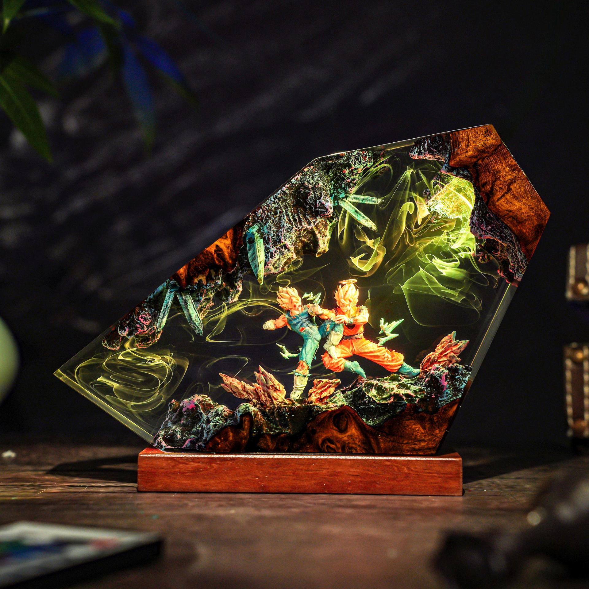 Resin Art Goku - 悟空＆ベジータ エポキシ樹脂製ハンドメイドLEDナイトライト、ドラゴンボールZコレクタブルアートランプ、アニメデスクデコレーションフィギュア＆スタチュー