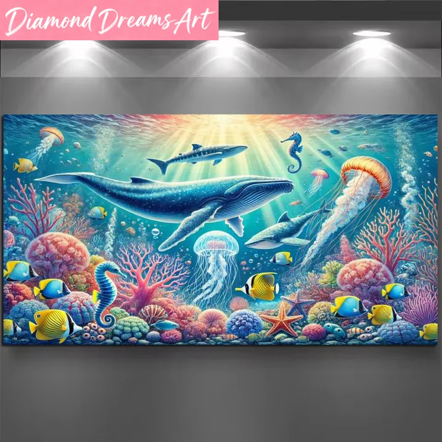Resin Art Underwater - フレームレス、海の動物イルカの絵、大サイズDIYダイヤモンドアート絵画、水中植物風景、フルドリルモザイク刺繍
