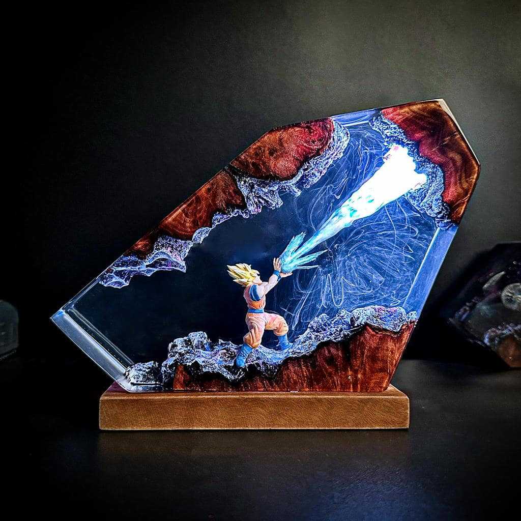 Resin Art Goku - 悟空カメハメハエポキシ樹脂LEDナイトライト、ドラゴンボールZアクションシーンアートスタチュー、アニメコレクタブルデスクランプ＆デコレーションフィギュア