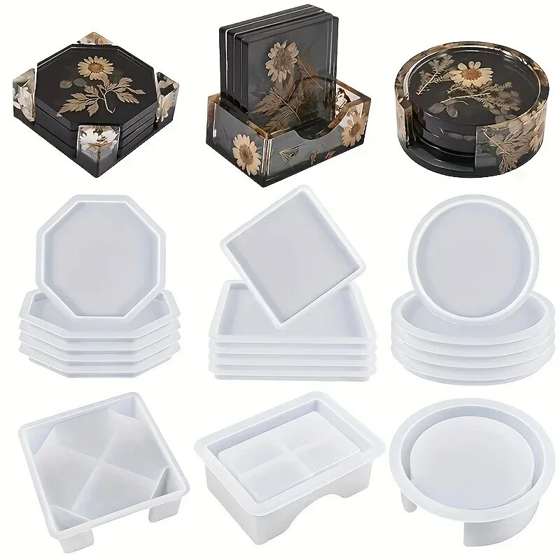 Resin Mixing Cup - コースター樹脂モールドセットには、コースター収納ボックスモールド1個、エポキシ樹脂用シリコーン樹脂コースターモールド4個が含まれます。