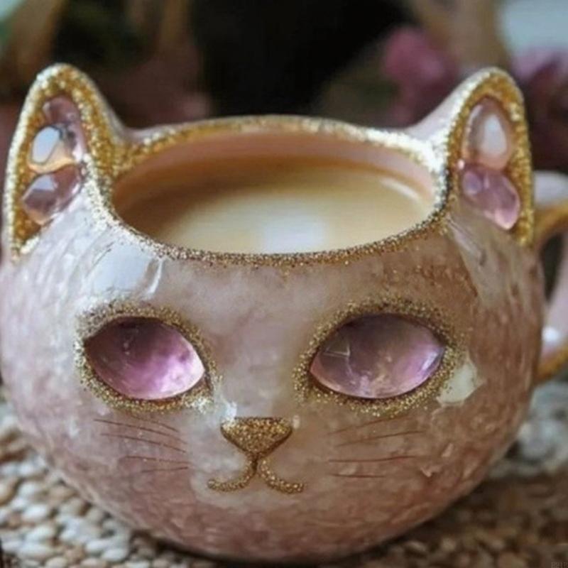 Resin Art Geode - クリスタルスタイル猫の顔マグ樹脂ジオードアート手作りグッズギフト芸術的な猫愛好家キッチンアクセサリー