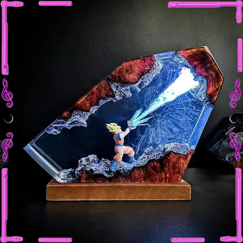 Resin Art Goku - 悟空カメハメハエポキシ樹脂LEDナイトライト、ドラゴンボールZアクションシーンアートスタチュー、アニメコレクタブルデスクランプ＆デコレーションフィギュア