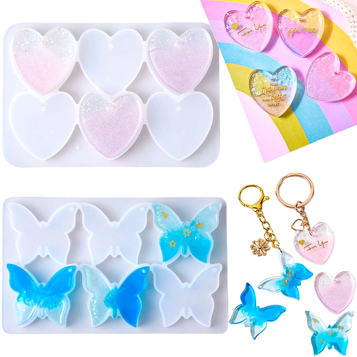 6穴付きイヤリングシリコンモールドDIYハート蝶形エポキシ樹 - Resin Art Letters のレビューと価格
