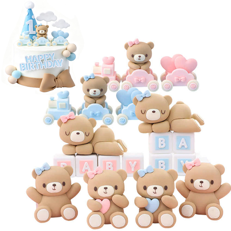3Dピンクブルーのクマのケーキトッパー 誕生日ケーキデコレー - Resin Art Baby のレビューと価格