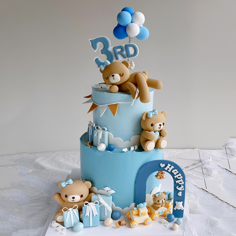 3Dピンクブルーのクマのケーキトッパー 誕生日ケーキデコレー - Resin Art Baby のレビューと価格